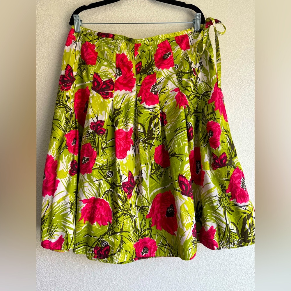 Talbots Floral Print Midi Skirt A-Line Cotton Zip Tie Sz:14 Ruffle Boho Festival